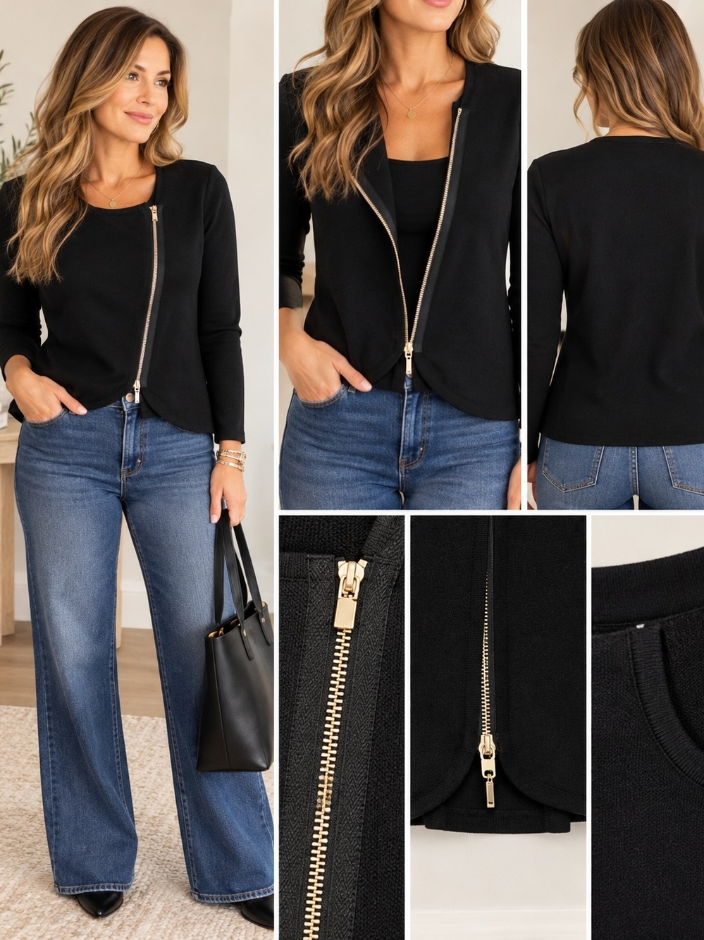 White House Black Market Black Asymmetrical Zip Jacket Cardigan Size M